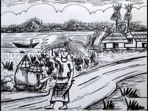 480x360 Villagescenery Drawing Of Late Autumn Scenery Pen Sketch - Village Drawing Sketch