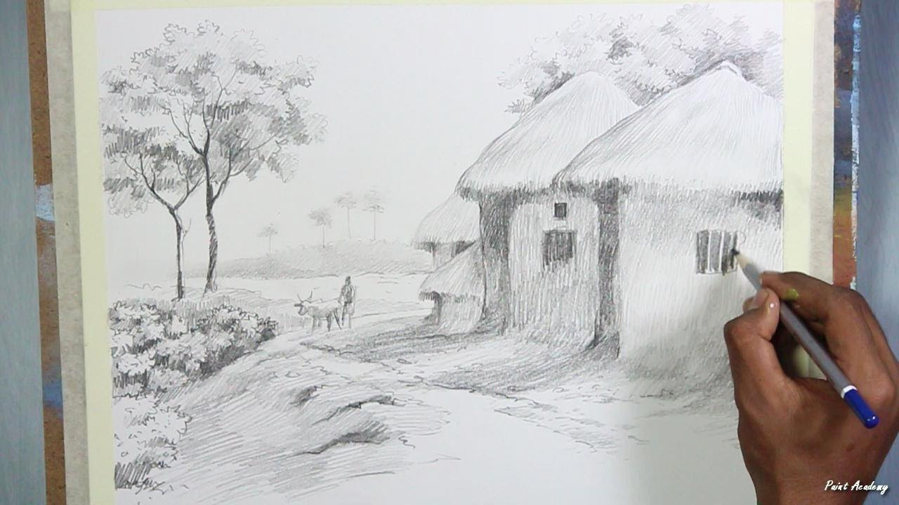 1280x720 Pencil Village Scenery Winter Drawing Pictures - Village Scene Sketch