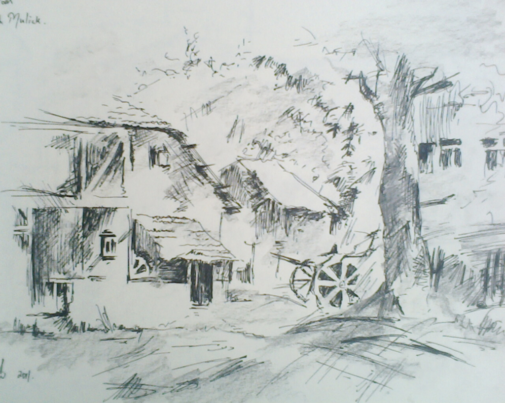 1024x819 Photos Drawing Village Nature By Pencil And Sketch, - Village Scene Sketch