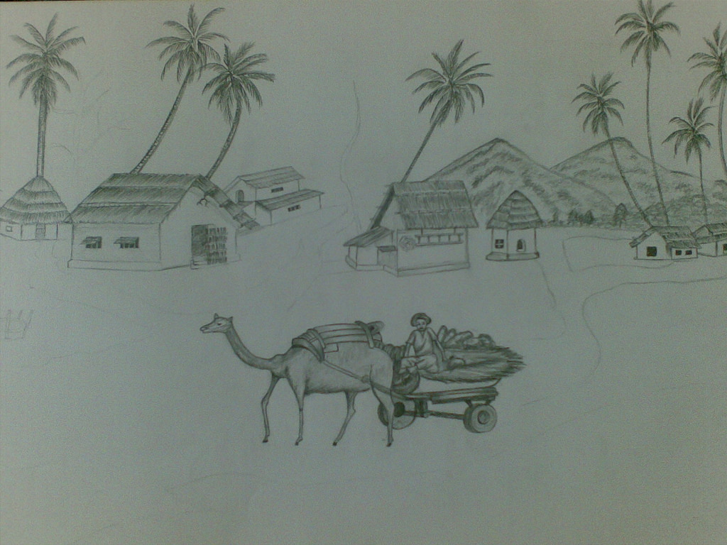 1024x768 A Village Scene - Village Scene Sketch