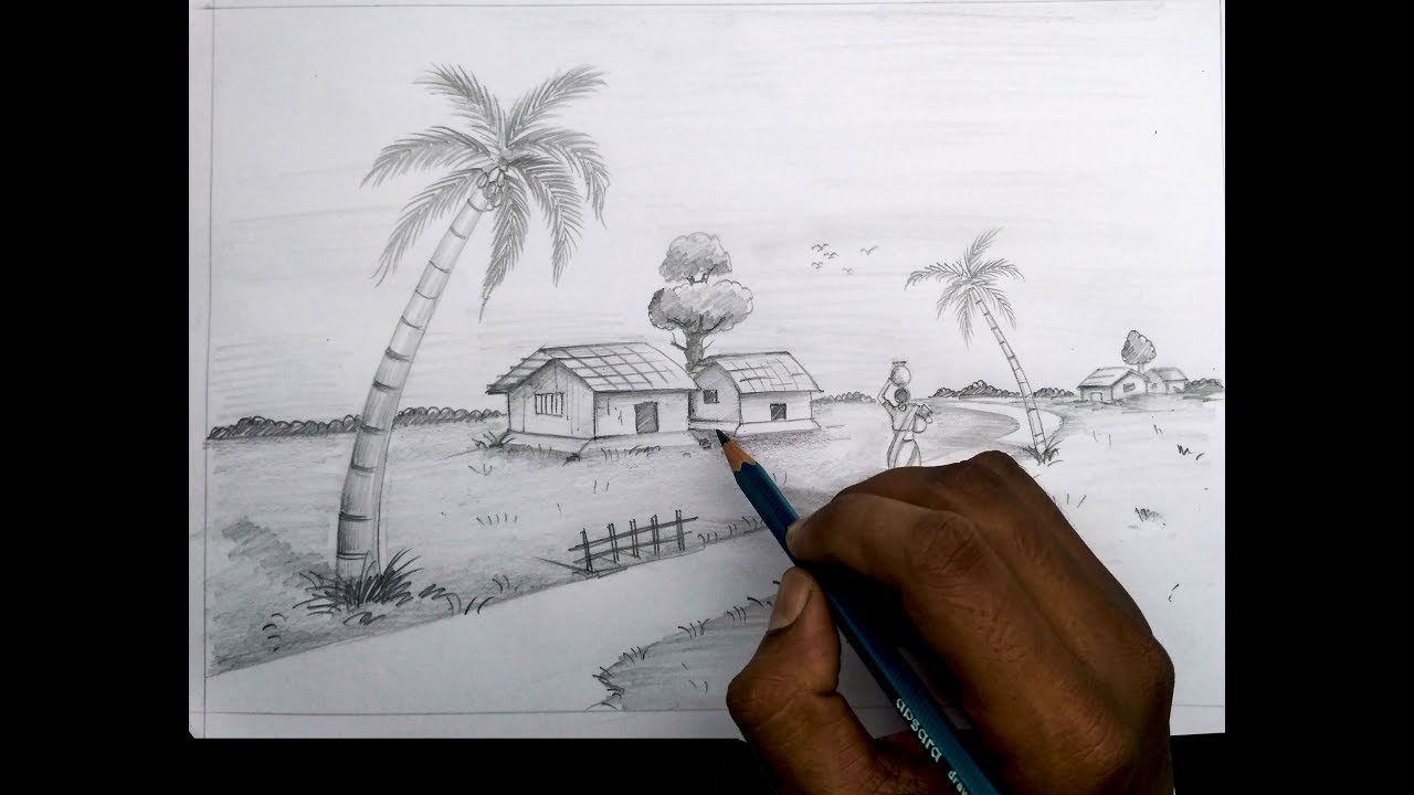 1280x720 How To Draw Village Scenery Light And Shadow Scene By Pencil - Village Sketch