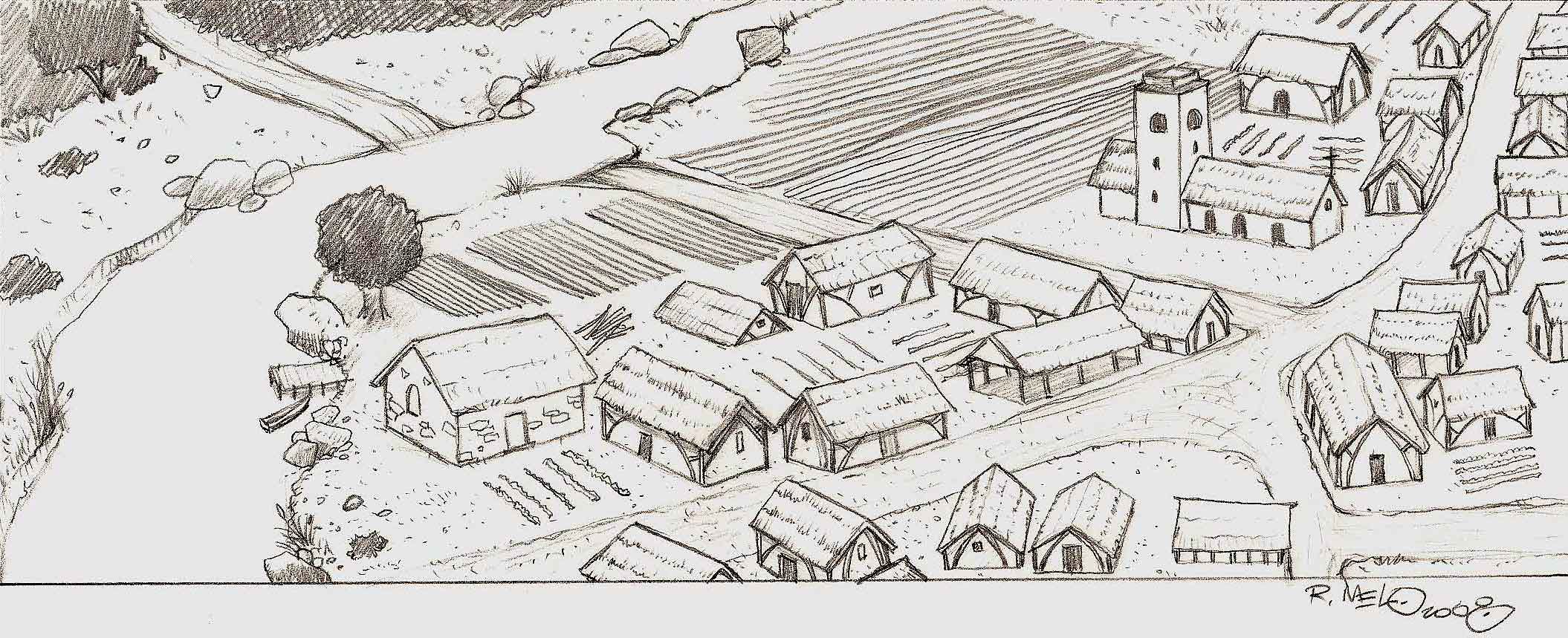 2110x859 Medieval Village - Village Sketch