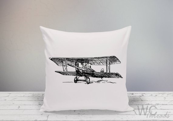 570x399 Vintage Airplane Square Pillowartistic Black Amp White Sketch Etsy - Vintage Airplane Sketch