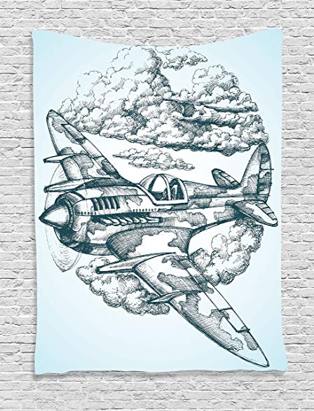 448x587 Ambesonne Airplane Decor Collection, Plane In The Sky - Vintage Airplane Sketch