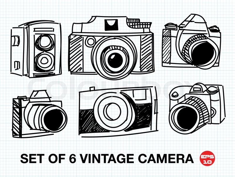 800x603 Set Of 6 Sketch Vintage Camera, Free Hand Vector Illustration - Vintage Camera Sketch