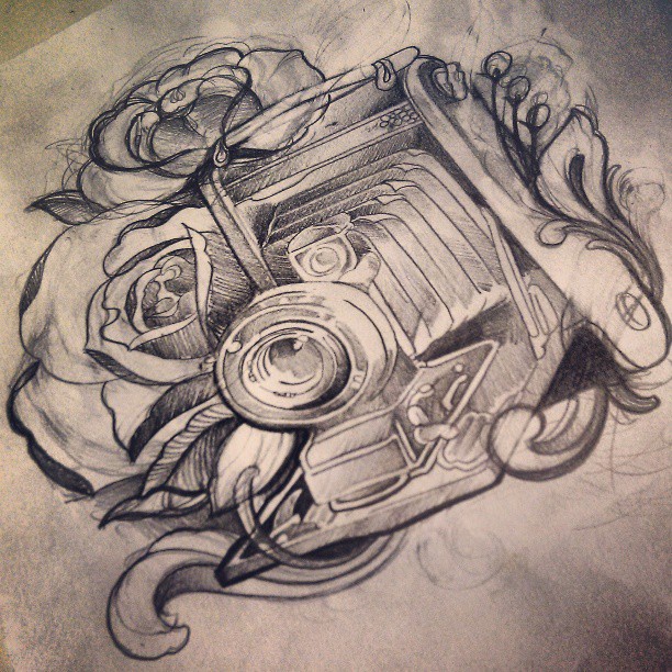 612x612 Flowers And Vintage Camera Tattoo Sketch - Vintage Camera Sketch