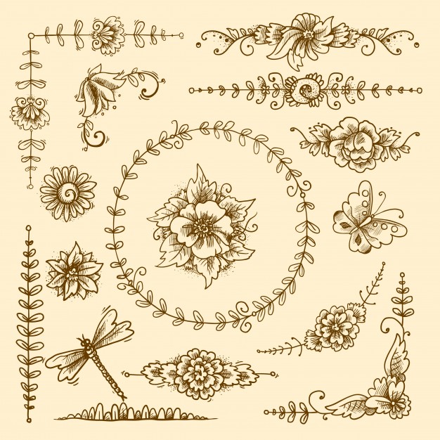 626x626 Vintage Floral Calligraphic Decorative Elements Sketch Set With - Vintage Floral Sketch
