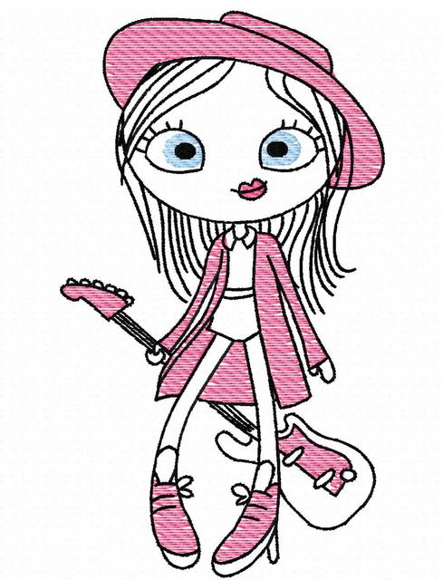 489x640 Swirly Girl With Guitar Sketch Embroidery Design - Vintage Girl Sketch