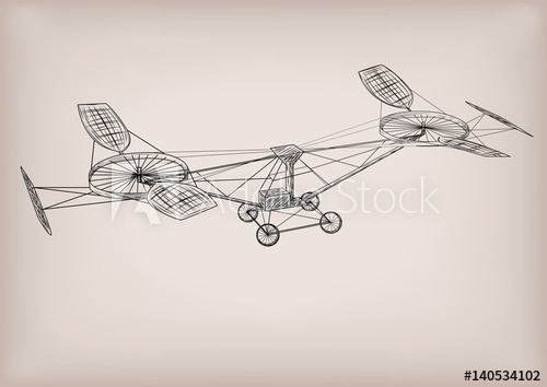 500x354 The First Helicopter Plane Construction Graphic Drawing In Black - Vintage Plane Sketch