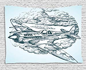 300x243 Ambesonne Airplane Decor Collection, Plane In The Sky - Vintage Plane Sketch