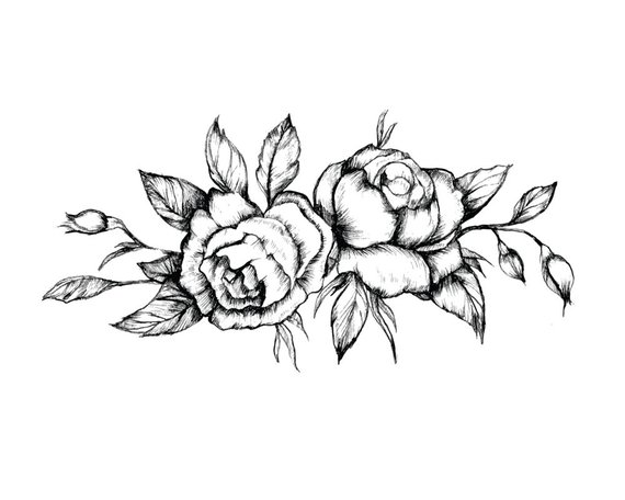 570x456 Black Vintage Rose Tattoo Set Of 2 Floral Temporary Tattoo Etsy - Vintage Rose Sketch
