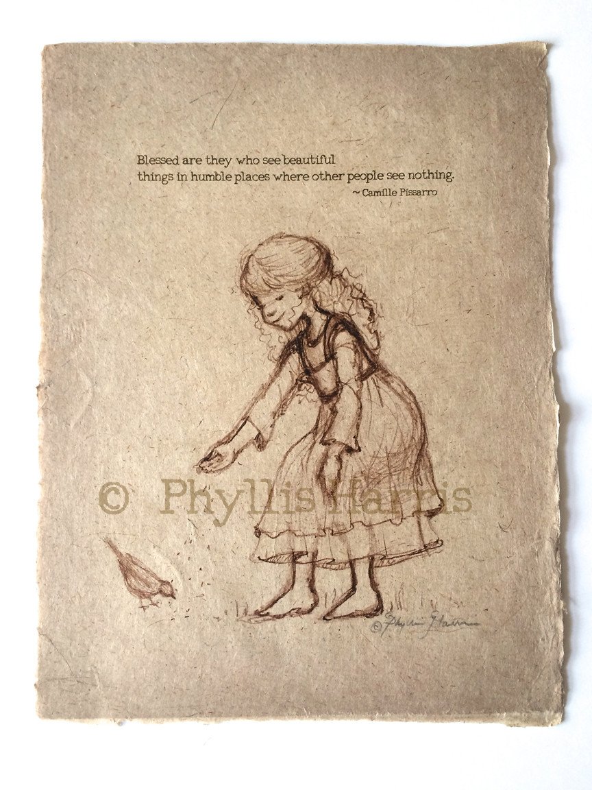 864x1152 Girl Feeding Birds - Vintage Sketches
