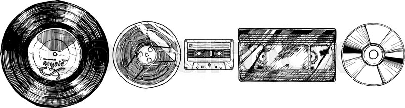 800x215 Vector Hand Drawn Sketch Of Media Evolution Set In Ink Hand Drawn - Vinyl Record Sketch
