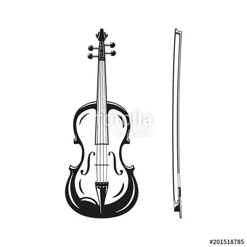 500x500 Outline Monochrome Silhouette Of Icon Violin With Bow, Classical - Violin Bow Sketch