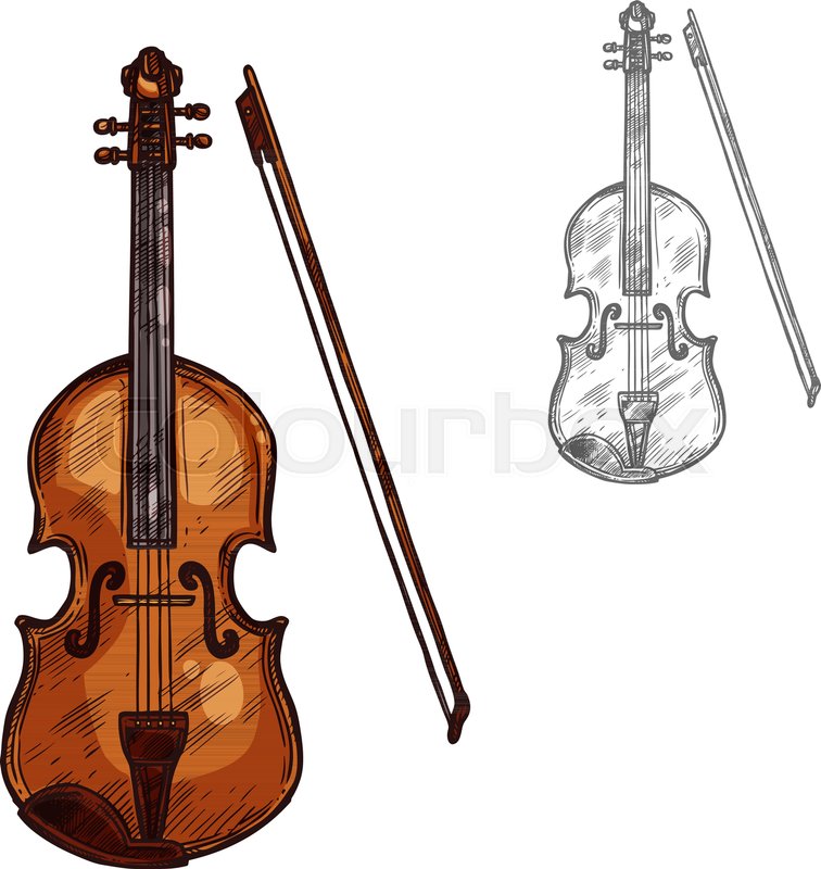 756x800 Violin Or Contrabass Musical Instrument With Bow Sketch Icon - Violin Bow Sketch