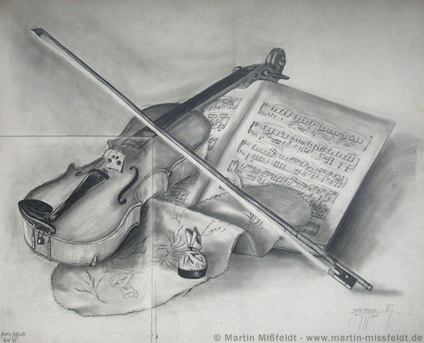 600x485 Still Life With Violin - Violin Pencil Sketch