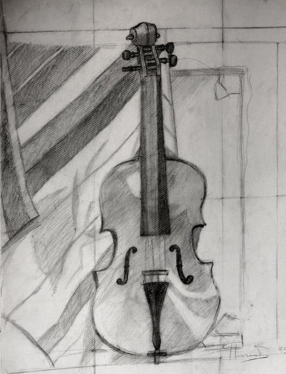 570x745 Violin Still Life Pencil Sketch Study Original Drawing On Etsy - Violin Pencil Sketch