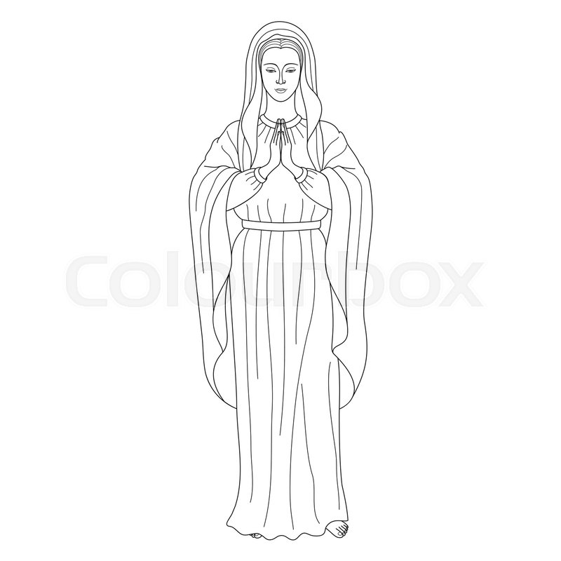 800x800 Praying Virgin Mary. Outline Cartoon On White Background. Black - Virgin Mary Sketch