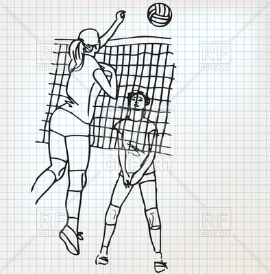 394x400 Girls Playing Volleyball Sketch - Volleyball Net Sketch