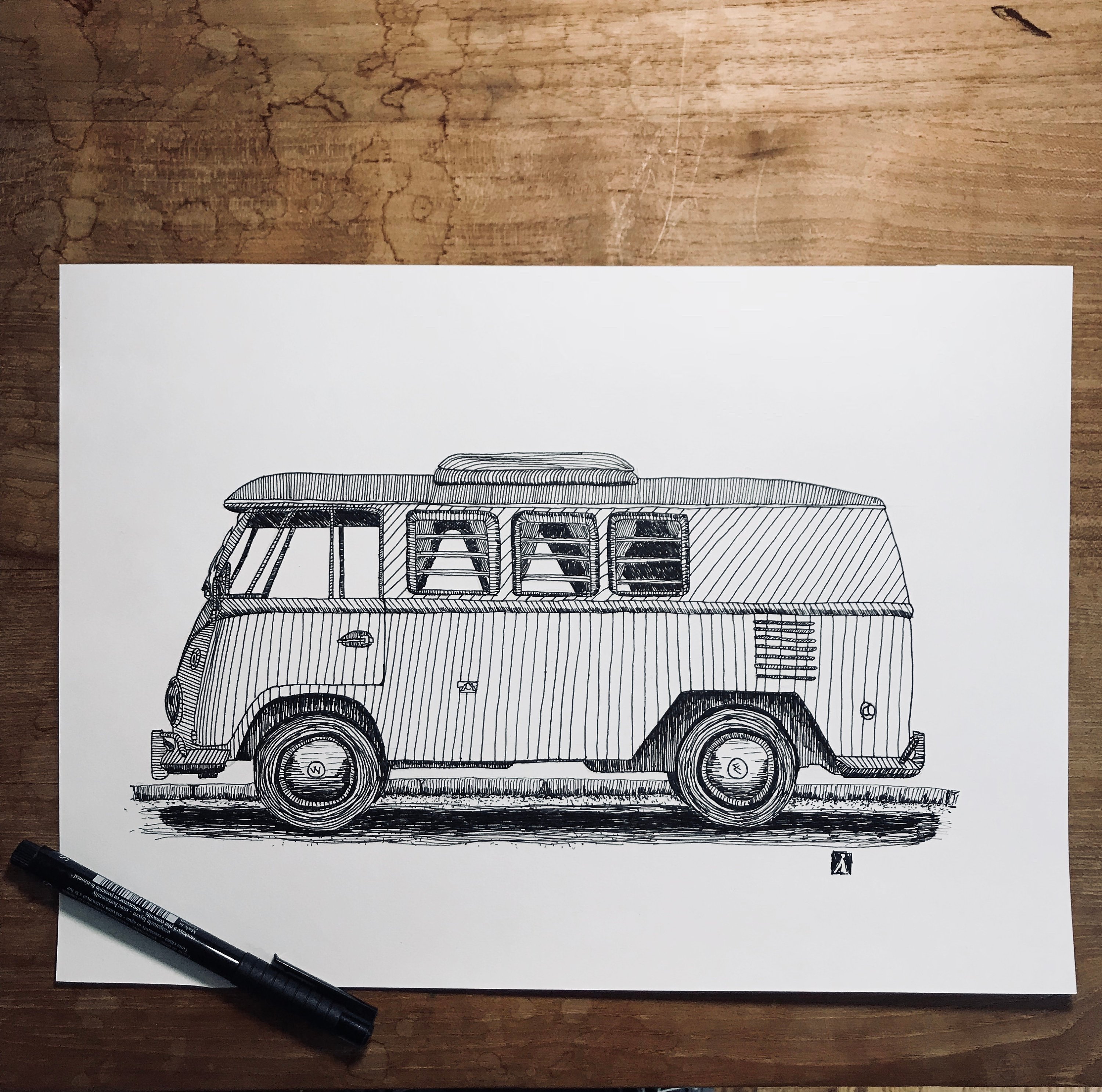 3000x2972 Killerbeemoto Original Pen Sketch Of Vintage Vw Camper Bus - Vw Bus Sketch