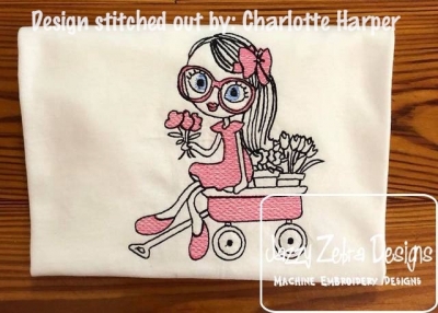 400x286 Swirly Girl Spring With Wagon Of Flowers Sketch Embroidery Design - Wagon Sketch