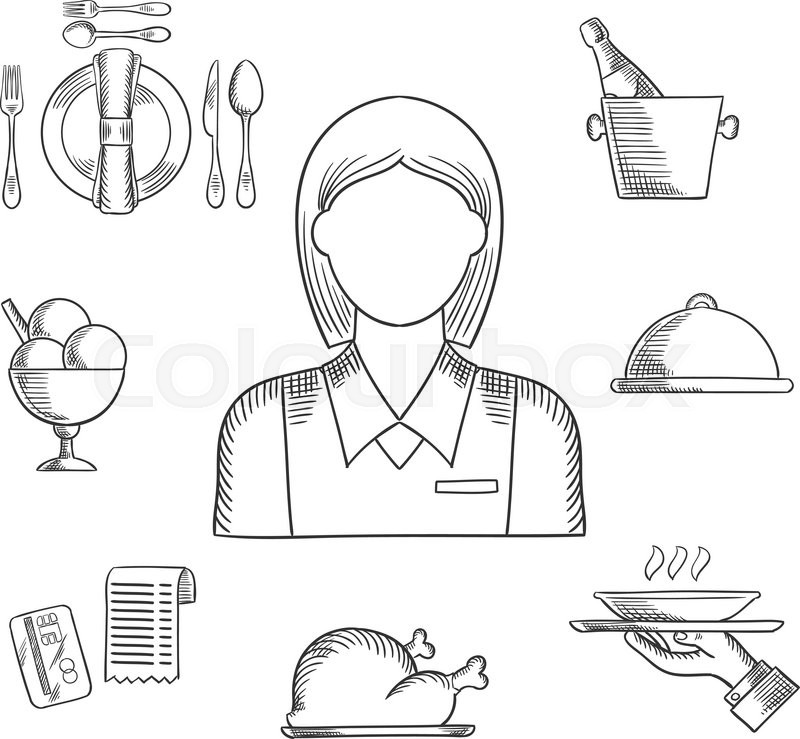 800x739 Waiter Profession Hand Drawn Icons With Waitress In Elegant - Waiter Sketch