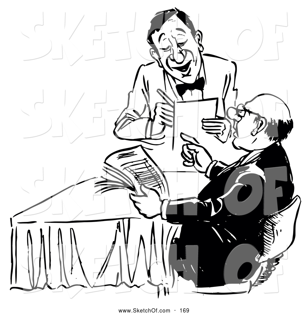 1024x1044 Drawing Of A Black And White Pleasant Waiter Taking An Order From - Waiter Sketch