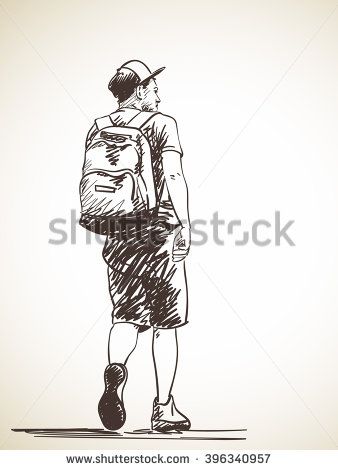 338x470 Sketch Of Walking Man, From Back, Hand Drawn Illustration - Walking Man Sketch