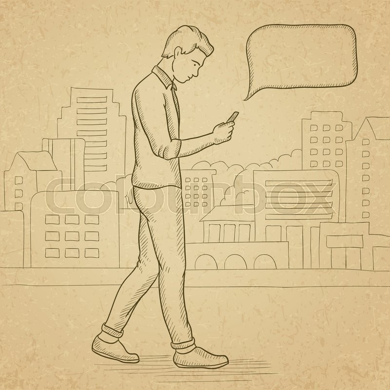 800x800 A Hipster Man With The Beard Walking With A Smartphone In The City - Walking Man Sketch