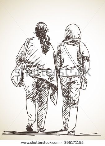 338x470 Sketch Of Two Walking Woman, Hand Drawn Illustration - Walking Sketch