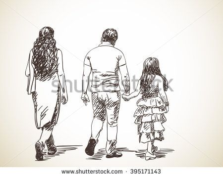 450x358 Sketch Of Walking Indian Family, Hand Drawn Illustration, From - Walking Sketch