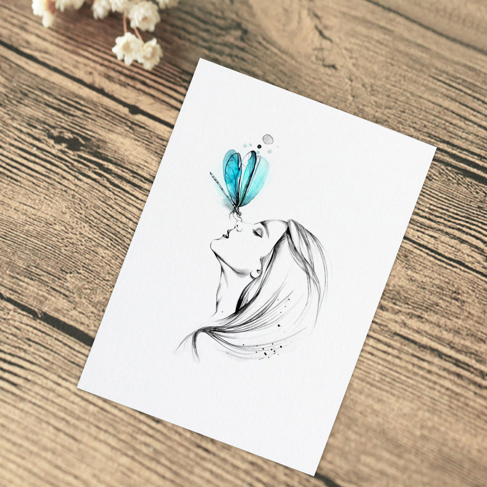 1000x1000 Girl With Butterfly Pencil Sketch Watercolor Painting Sweet Home - Wall Hanging Sketch
