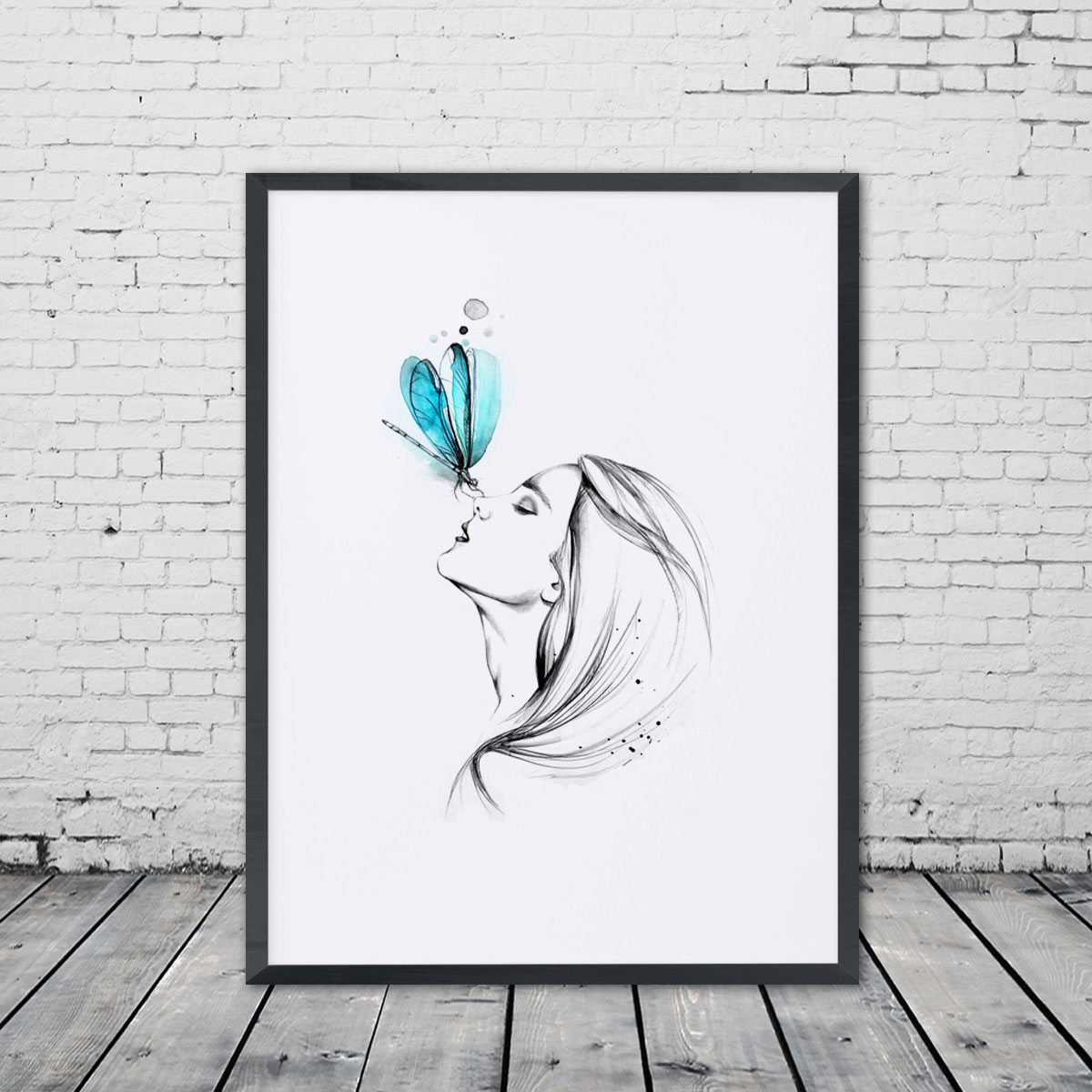 1200x1200 Girl With Butterfly Pencil Sketch Watercolor Painting Sweet Home - Wall Sketch