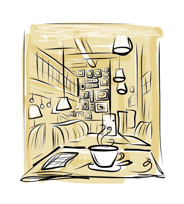 630x700 Morning Coffee In Cafe, Sketch For Your Design Wall Mural Pixers - Wall Sketch