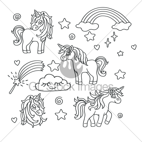 500x500 Unicorn, Rainbow, Magic Wand Vector Sketch Set Gl Stock Images - Wand Sketch