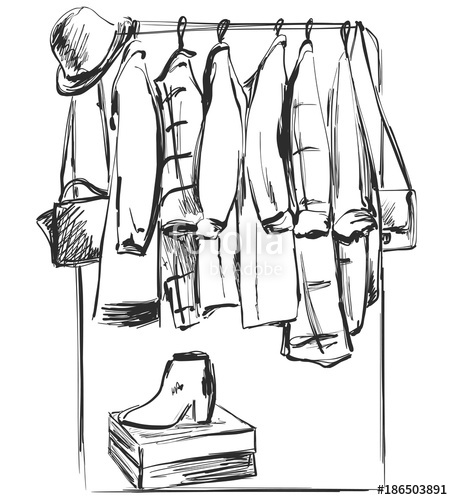 453x500 Hand Drawn Wardrobe Sketch. Furniture. Clothes On The Hanger - Wardrobe Sketch