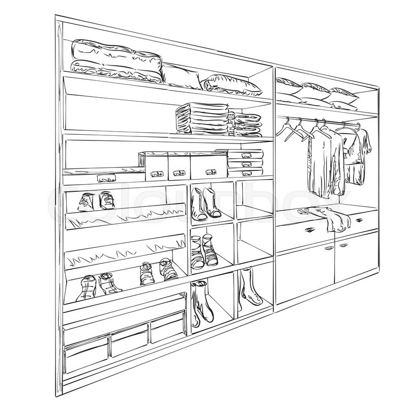 800x800 Hand Drawn Wardrobe Sketch. Room Interior With Clothes And Choes - Wardrobe Sketch