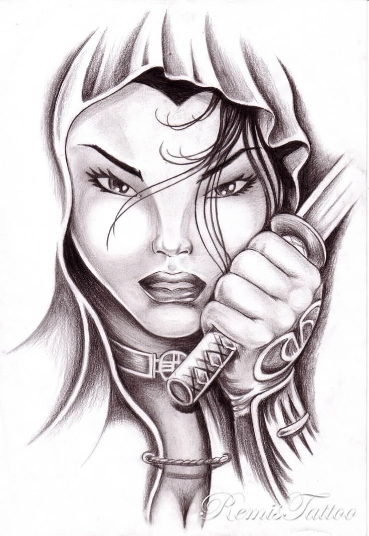 736x1069 Warrior Woman Portrait Remis Tattoo - Warrior Woman Sketch