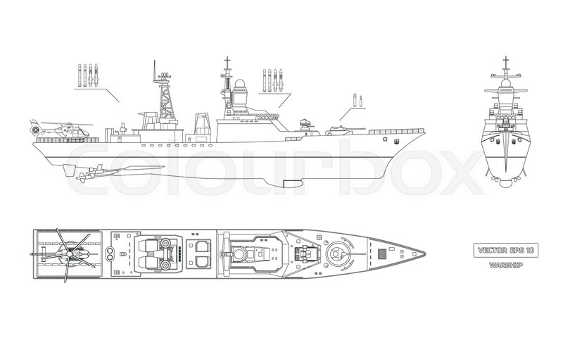 800x480 Blueprint Of Military Ship. Top, Front And Side View. Battleship - Warship Sketch