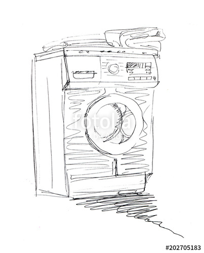 403x500 Sketch Of Washing Machine With A Stack Of Ironed Clothes On It - Washing Machine Sketch