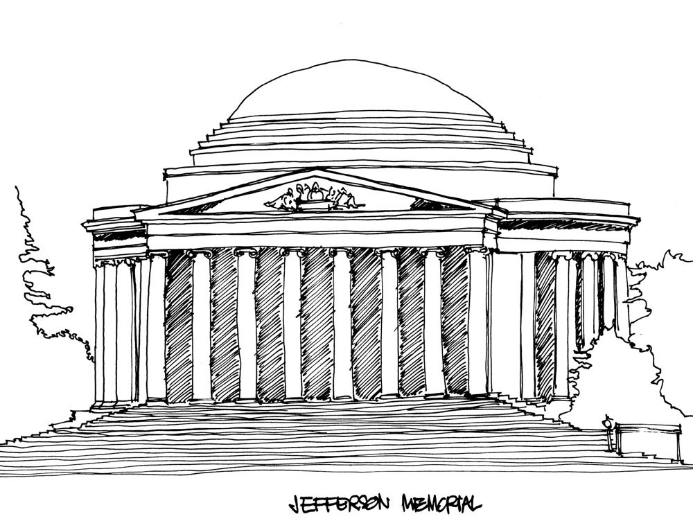 1000x752 Jefferson Memorial Washington, D.c. Black Line Sketch - Washington Dc Sketch