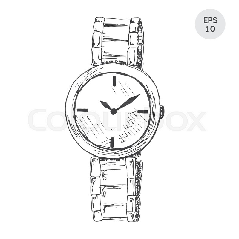 800x800 Wrist Watch In Retro Style Isolated On White Background. Vector - Watch Sketch