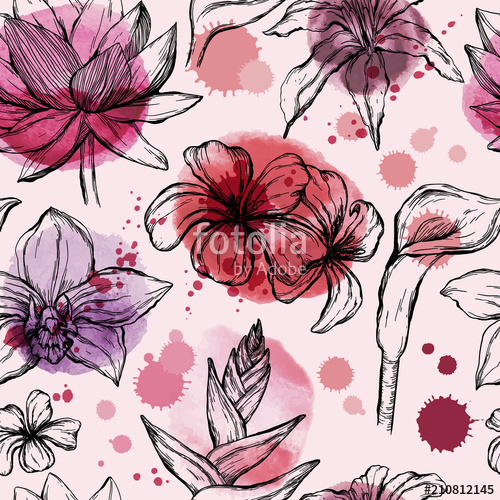 500x500 Seamless Watercolor Pattern With Sketch Of Tropical Flowers - Water Lily Sketch