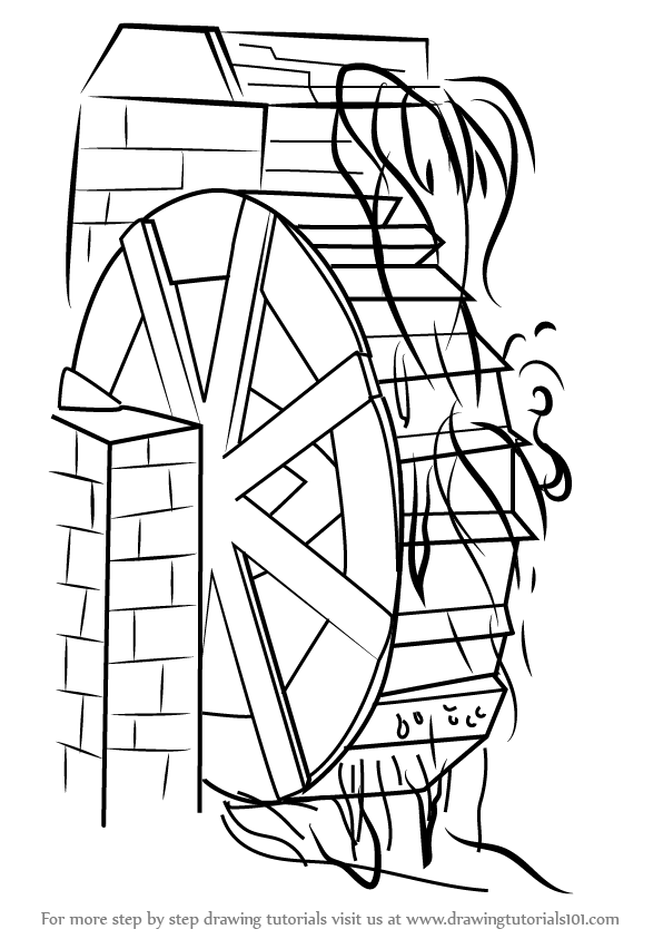 596x843 Learn How To Draw A Water Mill (Watermills) Step By Step Drawing - Water Mill Sketch