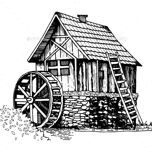 590x590 Old Water Mill Engraving Style Vector Illustration By Alexanderpokusay - Water Mill Sketch