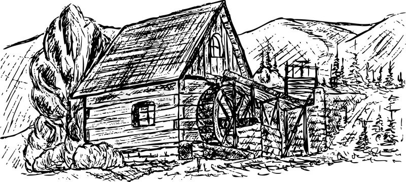 800x358 Vector - Water Mill Sketch