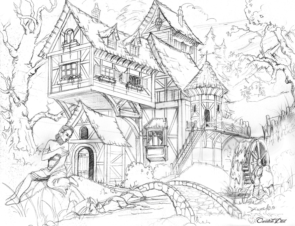 1012x776 Watermill Sketch (Wip) Creative Dust - Water Mill Sketch