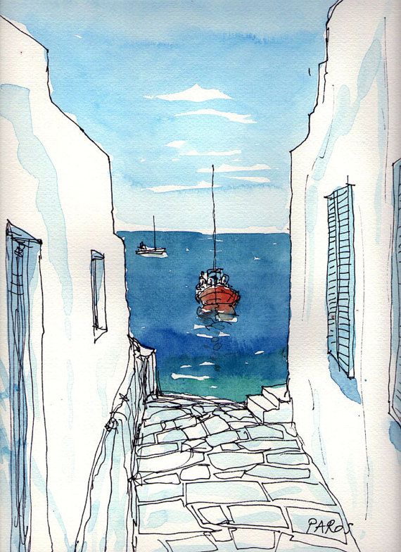 570x784 Paros Boat Greece Art Print From Original Watercolor Painting We - Water Paint Sketch