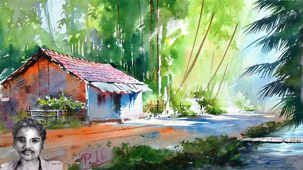 1280x720 Scenery Drawing With Watercolor Painting For Beginners - Water Paint Sketch