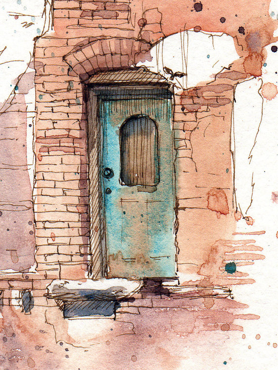 570x759 The Blue Door, Royal Hotel - Water Paint Sketch